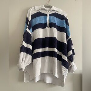 Striped Knit Half-Zip Sweater in White, Navy & Light Blue